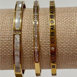 Gold Bangle Bracelet Set (3) | Sparkly Pavé, Roman Numeral & Ivory Inlay